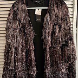 Metallic Tiered Fringe Open Front Tinsel Jacket